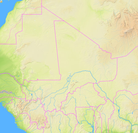 Map of Mali and surrounding countries showing the region with relief representation, rivers, lakes and administrative boundaries. Silent map without any labels.の写真素材