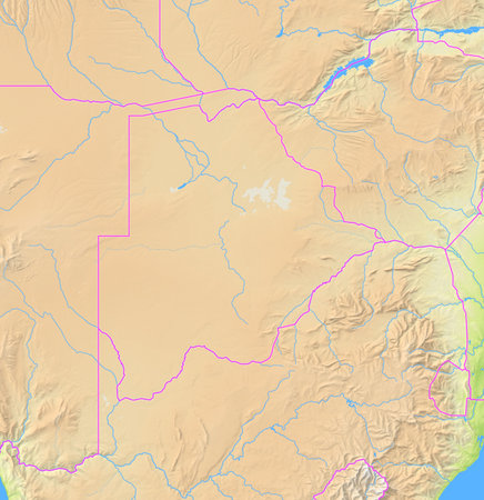 Map of Botswana and surrounding countries showing the region with relief representation, rivers, lakes and administrative boundaries. Silent map without any labels.の写真素材