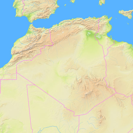 Map of Algeria and surrounding countries showing the region with relief representation, rivers, lakes and administrative boundaries. Silent map without any labels.の写真素材
