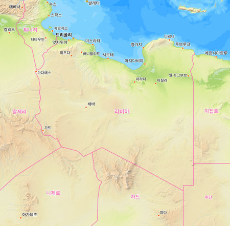 Map of Libya and surrounding countries with Korean country names. Place names in Korean are used depending on availability. Made with Natural Earth.の写真素材