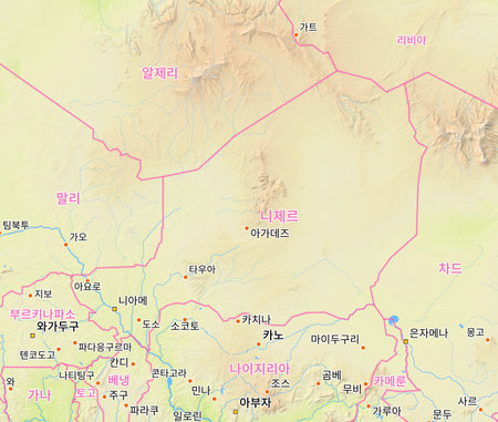 Map of Niger and surrounding countries with Korean country names. Place names in Korean are used depending on availability. Made with Natural Earth.の写真素材