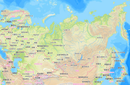 Map of Russia and surrounding countries with Korean country names. Place names in Korean are used depending on availability. Made with Natural Earth.の写真素材