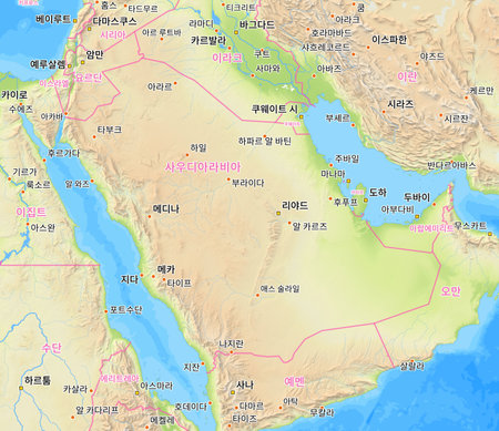 Map of Saudi Arabia and surrounding countries with Korean country names. Place names in Korean are used depending on availability. Made with Natural Earth.の写真素材