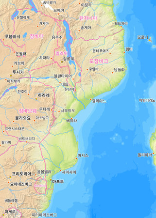 Map of Mozambique and surrounding countries with Korean country names. Place names in Korean are used depending on availability. Made with Natural Earth.の写真素材