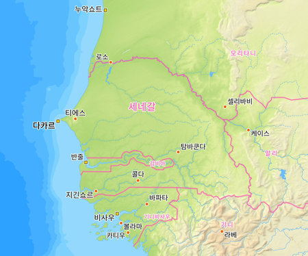 Map of Senegal and surrounding countries with Korean country names. Place names in Korean are used depending on availability. Made with Natural Earth.の写真素材