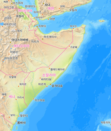 Map of Somalia and surrounding countries with Korean country names. Place names in Korean are used depending on availability. Made with Natural Earth.の写真素材