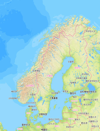 Map of Norway and surrounding countries with Korean country names. Place names in Korean are used depending on availability. Made with Natural Earth.の写真素材