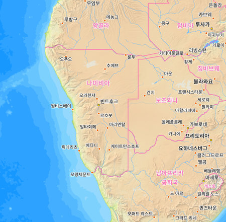 Map of Namibia and surrounding countries with Korean country names. Place names in Korean are used depending on availability. Made with Natural Earth.の写真素材
