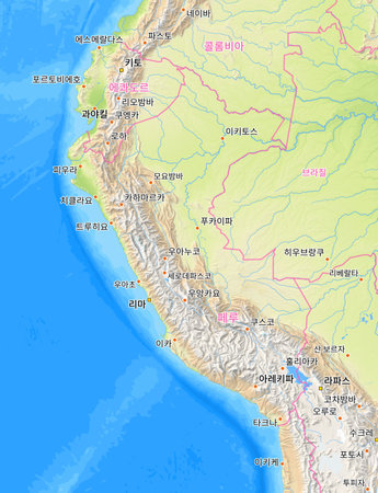 Map of Peru and surrounding countries with Korean country names. Place names in Korean are used depending on availability. Made with Natural Earth.の写真素材