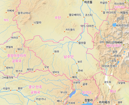 Map of South Sudan and surrounding countries with Korean country names. Place names in Korean are used depending on availability. Made with Natural Earth.の写真素材