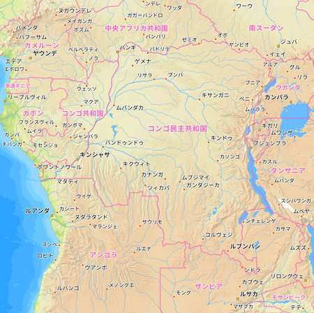 Map of the Democratic Republic of the Congo and surrounding countries with Japanese country names. Place names in Japanese are used depending on availability. Made with Natural Earth.の写真素材