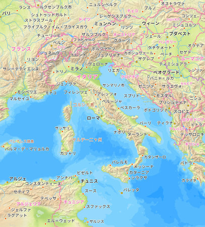 Map of Italy and surrounding countries with Japanese country names. Place names in Japanese are used depending on availability. Made with Natural Earth.の写真素材