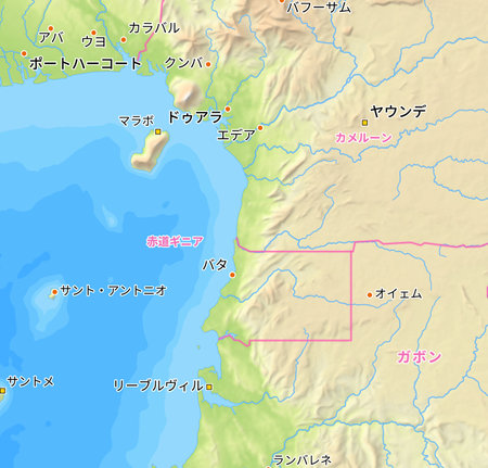 Map of Equatorial Guinea and surrounding countries with Japanese country names. Place names in Japanese are used depending on availability. Made with Natural Earth.の写真素材