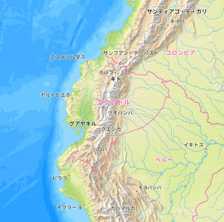 Map of Ecuador and surrounding countries with Japanese country names. Place names in Japanese are used depending on availability. Made with Natural Earth.の写真素材