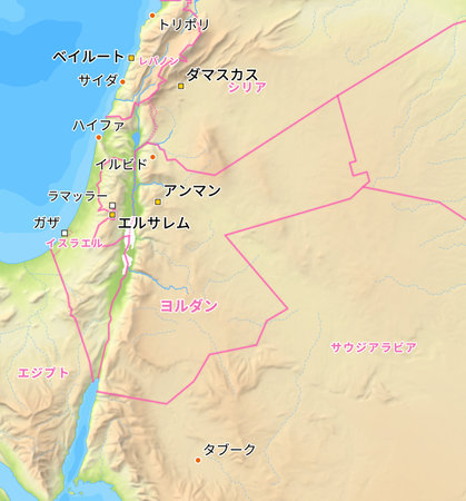Map of Jordan and surrounding countries with Japanese country names. Place names in Japanese are used depending on availability. Made with Natural Earth.の写真素材