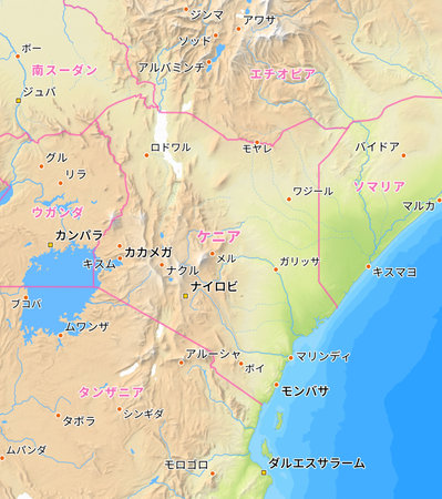 Map of Kenya and surrounding countries with Japanese country names. Place names in Japanese are used depending on availability. Made with Natural Earth.の写真素材