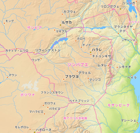 Map of Zimbabwe and surrounding countries with Japanese country names. Place names in Japanese are used depending on availability. Made with Natural Earth.の写真素材