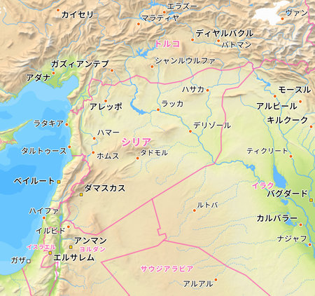 Map of Syria and surrounding countries with Japanese country names. Place names in Japanese are used depending on availability. Made with Natural Earth.の写真素材