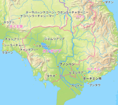 Map of Cambodia and surrounding countries with Japanese country names. Place names in Japanese are used depending on availability. Made with Natural Earth.の写真素材