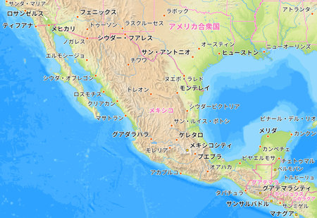 Map of Mexico and surrounding countries with Japanese country names. Place names in Japanese are used depending on availability. Made with Natural Earth.の写真素材
