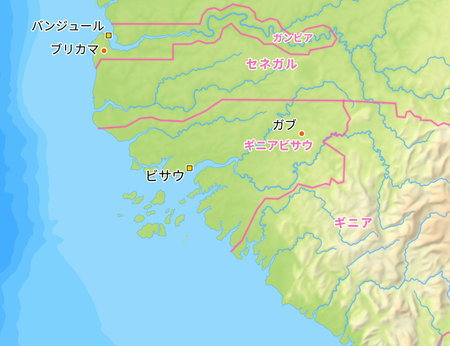 Map of Guinea-Bissau and surrounding countries with Japanese country names. Place names in Japanese are used depending on availability. Made with Natural Earth.の写真素材