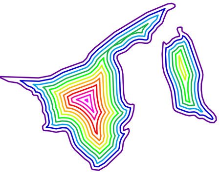 Abstract map of Brunei showing the country with concentric rings in rainbow colors.のイラスト素材