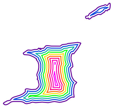 Abstract map of Trinidad and Tobago showing the country with concentric rings in rainbow colors.のイラスト素材