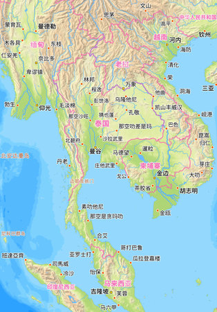 Map of Thailand and surrounding countries with Chinese country names. Place names in Chinese are used depending on availability. Made with Natural Earth.の写真素材