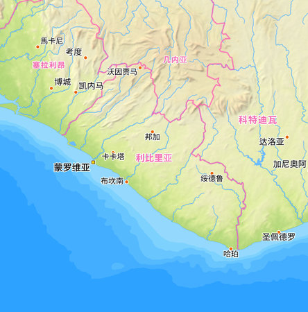 Map of Liberia and surrounding countries with Chinese country names. Place names in Chinese are used depending on availability. Made with Natural Earth.の写真素材