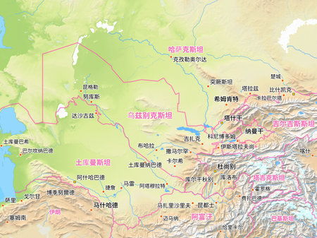 Map of Uzbekistan and surrounding countries with Chinese country names. Place names in Chinese are used depending on availability. Made with Natural Earth.の写真素材