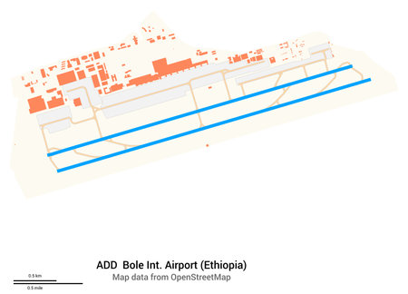 Map of Bole International Airport (Ethiopia). IATA code: ADD. Airport diagram with runways, taxiways, apron, parking areas and buildings. Map data from OpenStreetMap.の写真素材