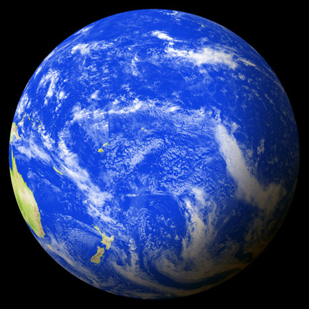 Close view of the earth from space showing Niue in the center of the image. Globe that shows one hemisphere of our planet. Light clouds cover parts of the earth.の写真素材