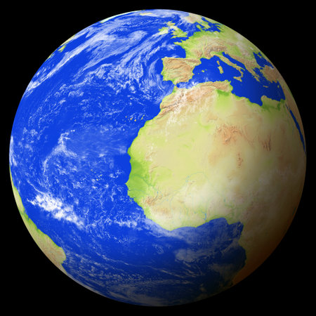 Close view of the earth from space showing Mauritania in the center of the image. Globe that shows one hemisphere of our planet. Light clouds cover parts of the earth.の写真素材