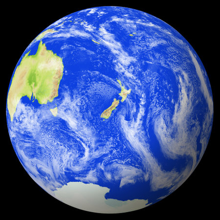 Close view of the earth from space showing New Zealand in the center of image. Globe that shows the entire planet. The digital image was created by computer software. Color coded shaded relief image of the earth. Colors were assigned by elevation.の写真素材