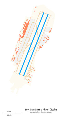 Map of Gran Canaria Airport (Spain). IATA code: LPA. Airport diagram with runways, taxiways, apron, parking areas and buildings. Map data from OpenStreetMap.の写真素材