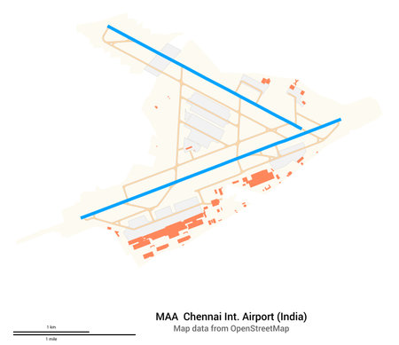 Chennai International Airport (India) map. IATA code: MAA. Airport diagram with runways, taxiways, apron, parking areas and buildings. Map data from OpenStreetMap.の写真素材
