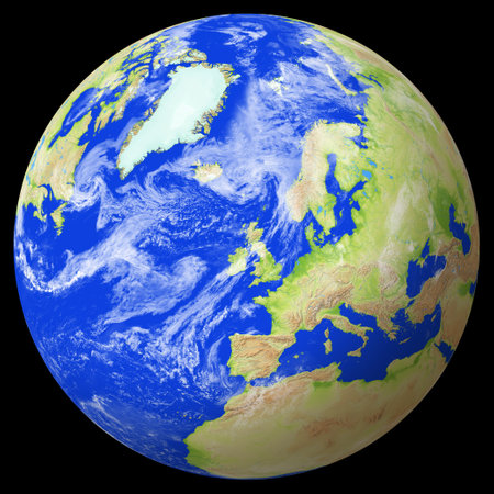 Close view of the earth from space showing the United Kingdom in the center of image. Globe that shows the entire planet. The digital image was created by computer software. Color coded shaded relief image of the earth. Colors were assigned by elevation.の写真素材