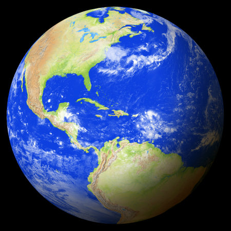Close view of the earth from space showing Haiti in the center of the image. Globe that shows one hemisphere of our planet. Light clouds cover parts of the earth.の写真素材