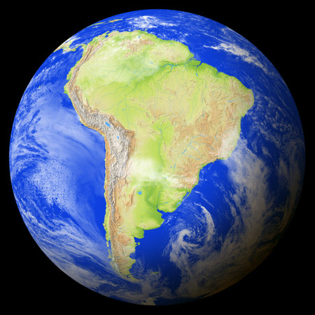 Close view of the earth from space showing Paraguay in the center of the image. Globe that shows one hemisphere of our planet. Light clouds cover parts of the earth.の写真素材