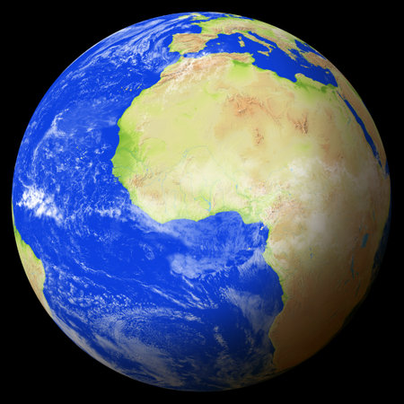 Close view of the earth from space showing Ghana in the center of the image. Globe that shows one hemisphere of our planet. Light clouds cover parts of the earth.の写真素材