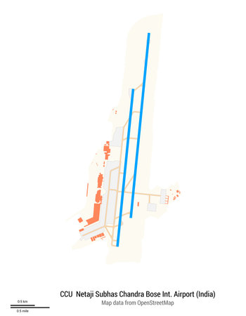 Netaji Subhas Chandra Bose International Airport is a major international airport in India. IATA code: CCU. Airport diagram with runways, taxiways, apron, parking areas and buildings. Map data from OpenStreetMap.の写真素材
