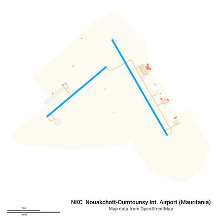 Map of Nouakchott-Oumtounsy International Airport (Mauritania). IATA code: NKC. Airport diagram with runways, taxiways, apron, parking areas and buildings. Map data from OpenStreetMap.の写真素材