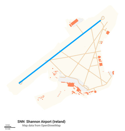 Map of Shannon Airport (Ireland). IATA code: SNN. Airport diagram with runways, taxiways, apron, parking areas and buildings. Map data from OpenStreetMap.の写真素材