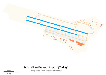 Map of Milas-Bodrum Airport (Turkey). IATA code: BJV. Airport diagram with runways, taxiways, apron, parking areas and buildings. Map data from OpenStreetMap.の写真素材
