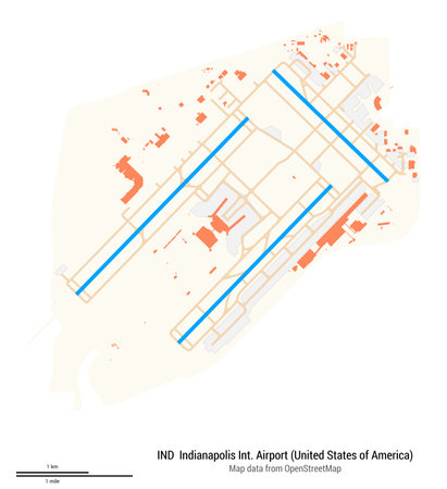 Map of Indianapolis International Airport (United States of America). IATA code: IND. Airport diagram with runways, taxiways, apron, parking areas and buildings. Map data from OpenStreetMap.の写真素材