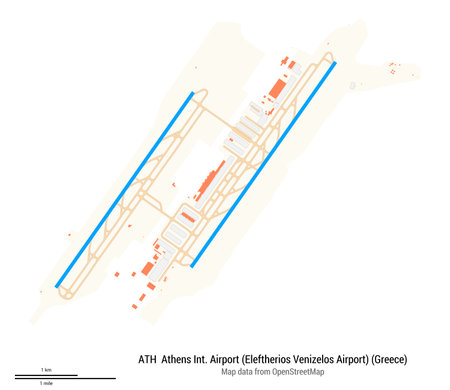 Map of Athens International Airport (Eleftherios Venizelos Airport) (Greece). IATA code: ATH. Airport diagram with runways, taxiways, apron, parking areas and buildings. Map data from OpenStreetMap.の写真素材