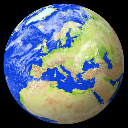 Close view of the earth from space showing Slovenia in the center of image. Globe that shows the entire planet. The digital image was created by computer software. Color coded shaded relief image of the earth. Colors were assigned by elevation.の写真素材