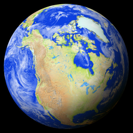 Close view of the earth from space showing Canada in the center of the image. Globe that shows one hemisphere of our planet. Light clouds cover parts of the earth.の写真素材
