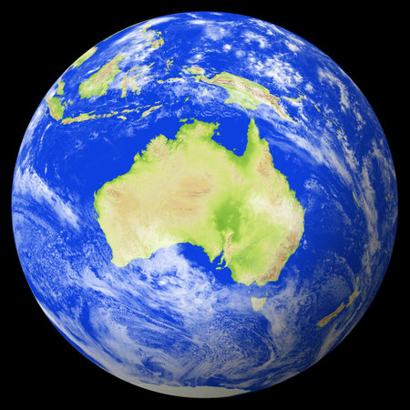 Close view of the earth from space showing Australia in the center of image. Globe that shows the entire planet. The digital image was created by computer software. Color coded shaded relief image of the earth. Colors were assigned by elevation.の写真素材