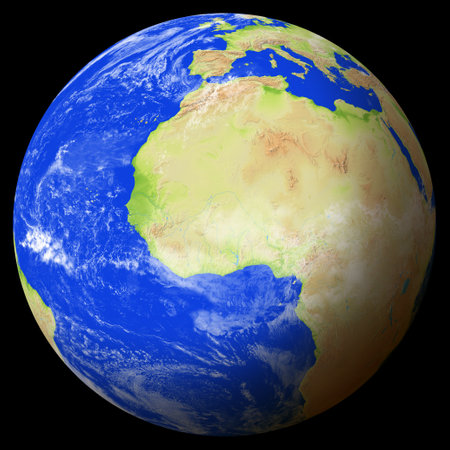 Close view of the earth from space showing Burkina Faso in the center of the image. Globe that shows one hemisphere of our planet. Light clouds cover parts of the earth.の写真素材